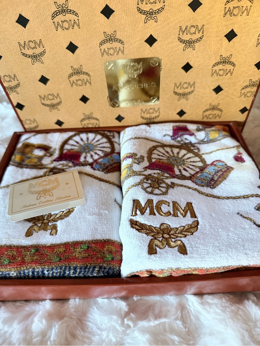 MCM White Hand Towel with Multicolor Carriage Embroidery